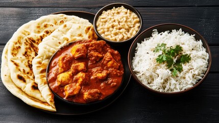 indian cuisine, chicken curry in a metal bowl, spices and ingredients surrounding the bowl, garlic, ginger, parsley, toasted flatbread or naan, brown rice in a white bowl, rustic wooden table backgrou