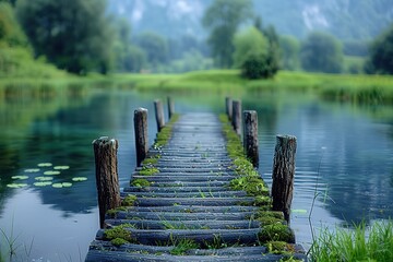 A wooden bridge spans a body of water, with a lush green field in the background