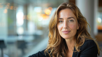 A woman with long brown hair is smiling at the camera