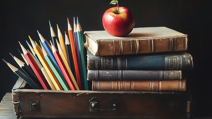 Still Life with Books, Apple, and Colored Pencils