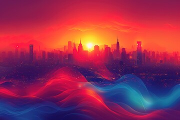 A city skyline with a red and blue sunset in the background