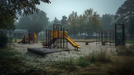 51. **A desolate playground with rusting equipment and grass growing through the sandpit