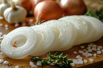 Poster - A pile of onions with some garlic and salt on a wooden cutting board