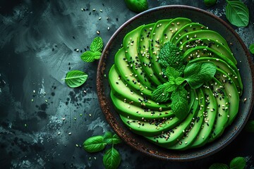 Wall Mural - A bowl of green avocado slices with a green leaf on top