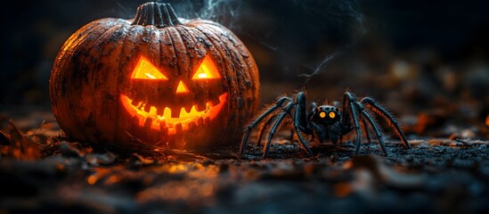 Sinister Halloween Pumpkin Lantern and Ominous Zombie Spider on Dark Background