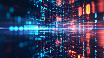 An abstract digital background with binary code and AI algorithms running in the background