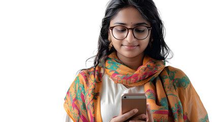 Poster - an indian smart women using phone , white background