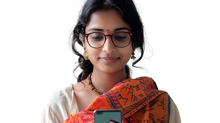 Poster - an indian smart women using phone , white background