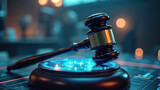 Futuristic Gavel with Digital Interface AI and Technology Law Concept, Justice Background