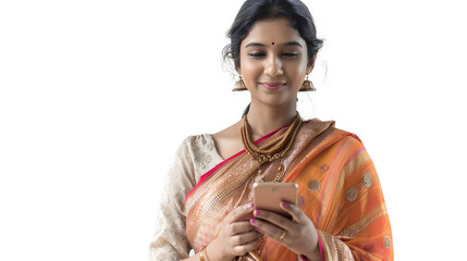 Poster - an indian smart women using phone , white background
