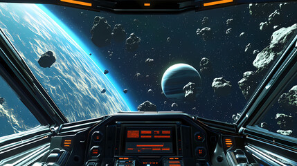 Wall Mural - The view from a spaceship cockpit shows an asteroid field with two planets in the distance.