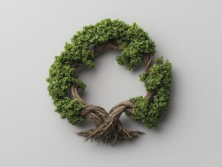 Poster - Evergreen strategy, tree roots intertwined with a circular economy symbol, 3D illustration