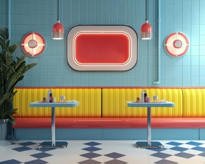 Nostalgic retro diner with neon signs and chrome accents in a 3d illustration style