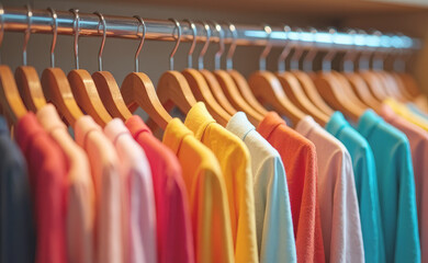 Colorful clothes are hanging in the wardrobe close up