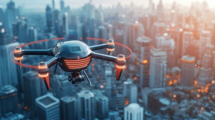 Wall Mural - Futuristic high-tech drone hovering above a vibrant cityscape, captured in a detailed 3d illustration emphasizing design