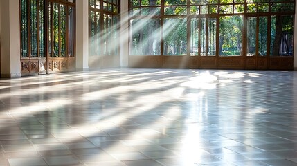 Wall Mural -   A sunbeam illuminates the large room featuring a tiled floor and central bench