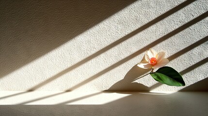 Poster -   A flower's shadow on the wall is cast by sunlight filtering through window blinds