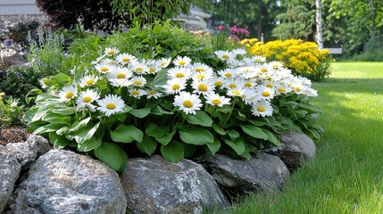 Wall Mural -   A bouquet of white flowers atop rocky knoll amidst green field near home