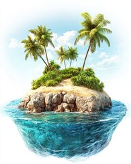 Wall Mural - A tranquil deserted island with palm trees surrounded by a calm sea in a stunning 3d illustration