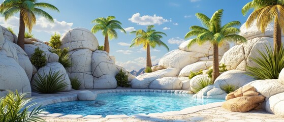 Wall Mural - Vibrant 3d illustration of a serene desert oasis with lush palm trees and a sparkling crystal-clear swimming pool