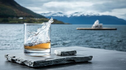 Wall Mural -   A glass of water sits atop a table, surrounded by a serene landscape with majestic mountains in the distance