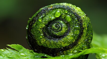   Green plant with drops of water on top and spiral design on exterior