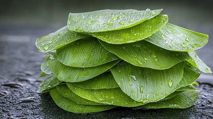 Wall Mural -   An image of green leaves lying on a damp ground with water droplets on top of them