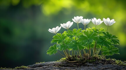 Wall Mural -   A cluster of white blossoms atop a moss-covered terrain beside a lush, emerald foliage plant perched on a stone