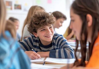 A boy and a girl with group of children in classroom smiles, happy on the first day of the school year.