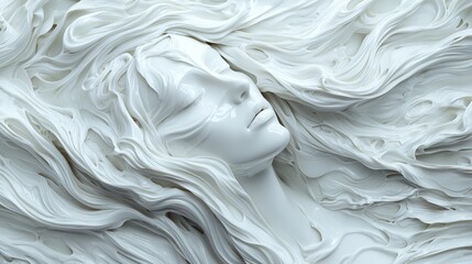   A close-up of a white sculpture with flowing white paint on its female face