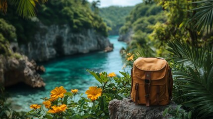 a traveler's brown backpack on a stone with bright orange flowers beside it, overlooking a tranquil turquoise river embraced by lush foliage and rocky landscape.