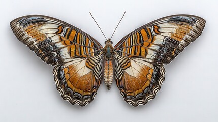   A close-up of a butterfly with large wings on its back, facing the opposite direction