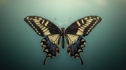   Black & white butterfly perched on blue wall adjacent to another B&W butterfly