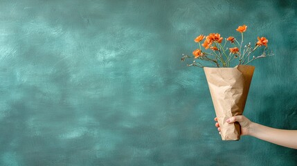 Wall Mural -   Person holding orange flowers in brown bag on green wall background