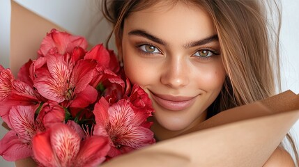   A photo of a woman holding a bouquet in front of her face with a smile on camera