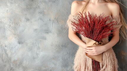 Wall Mural -   A woman in a dress holding a bouquet of red flowers and a brown paper bag adorned with a brown ribbon around her neck