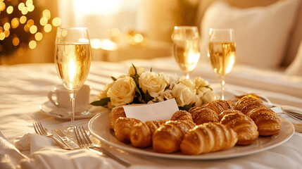   A plate of croissants and two glasses of champagne sit atop a table, next to a glass of wine