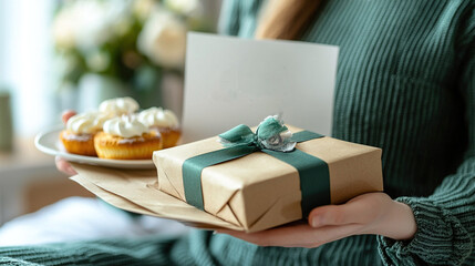 Wall Mural -   A woman with a plate of cupcakes and a gift box adorned with a bow that reads Billy is captured in the image