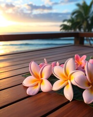 Relaxing scene of plumeria flowers resting on a wooden table by the beach at sunset, evoking serenity and tropical beauty.