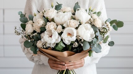   A close-up of a person holding a bouquet of white flowers and greenery on top