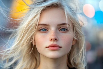 Poster - Ethereal close up portrait of a young blonde woman with delicate features bathed in soft natural light against a dreamy bokeh background evoking innocence and purity in a modern context