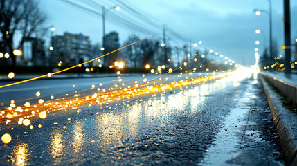 Sticker -   A wet street with raindrops on the edge and a streetlight in the background