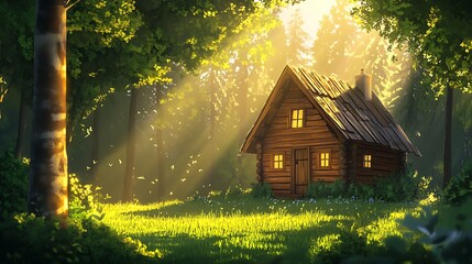 Poster - A Wooden Cabin Nestled in a Sunlit Forest