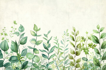 Sticker - Watercolor illustration of various green plants and leaves arranged in a soft botanical composition for a fresh and natural design concept.