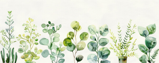 Sticker - Watercolor botanical illustration of various green plants and leaves arranged in a natural and minimalist style for a fresh and organic design concept.