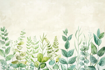 Sticker - Watercolor illustration of various green plants and leaves in a soft botanical composition for a fresh and tranquil design concept.