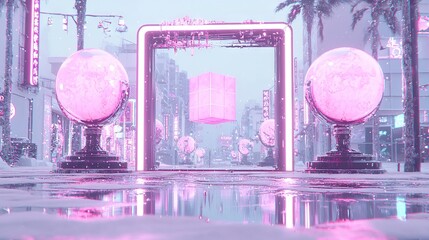 Wall Mural -   A city of tomorrow, radiating with pink neon illumination and colossal spheres gracing its center thoroughfares, surrounded by swaying palm foliage