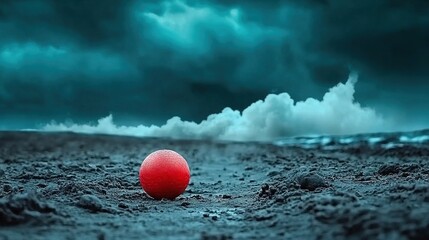 Wall Mural -   A red ball rests on dirt amidst clouds and a dark backdrop