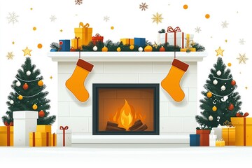 Wall Mural - Cozy Christmas Fireplace with Decorated Trees and Stocking