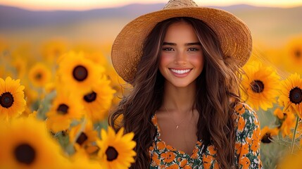 Wall Mural -   A woman smiling while standing in a sunflower field with a hat on her head